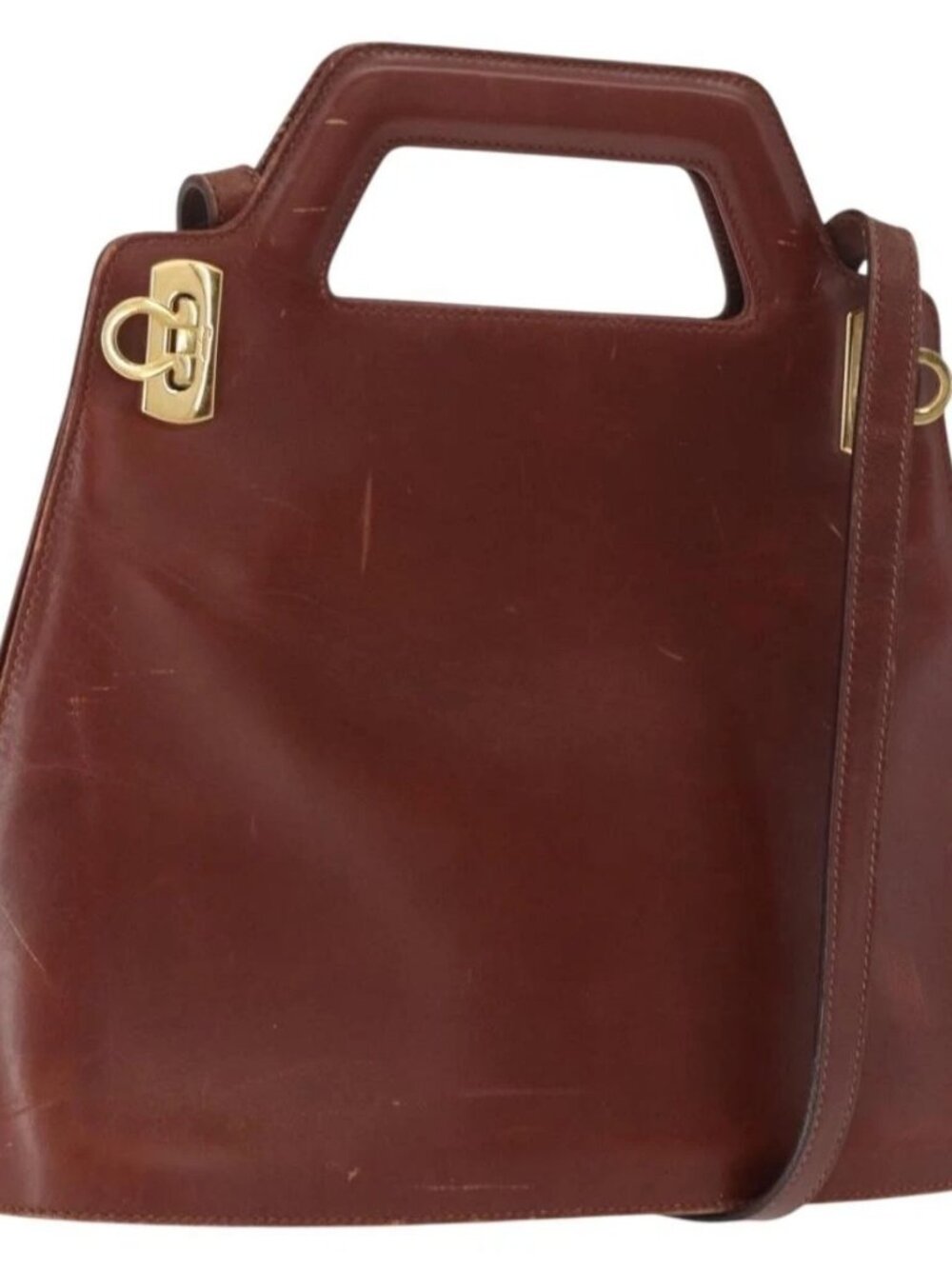 Salvatore Ferragamo Gancini Shoulder Bag Leather Brown Gold Auth 159579